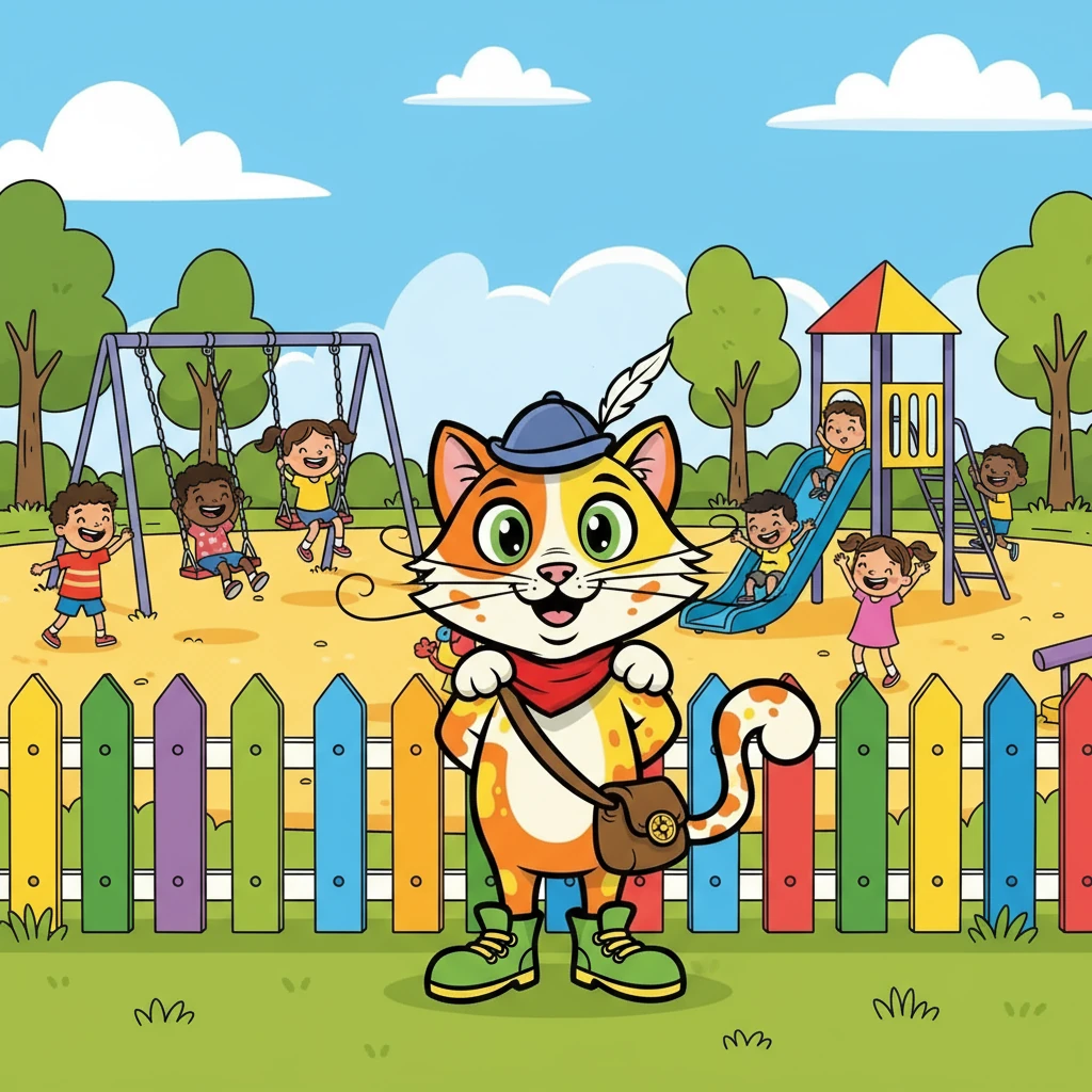 Suddenly, Whiskers sees something exciting! He is watching a group of children playing in a nearby playground. They are swinging on swings and sliding down slides, laughing and having fun. Whiskers wants to join them.