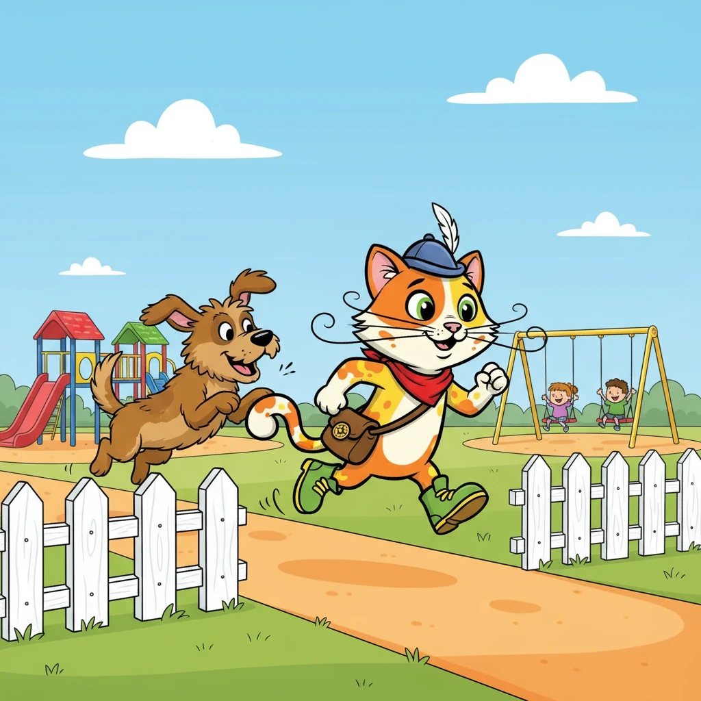 Whiskers is running towards the playground, his little legs moving as fast as they can. He is jumping over a small fence and dodging a busy dog. He is determined to reach the children and join their game.