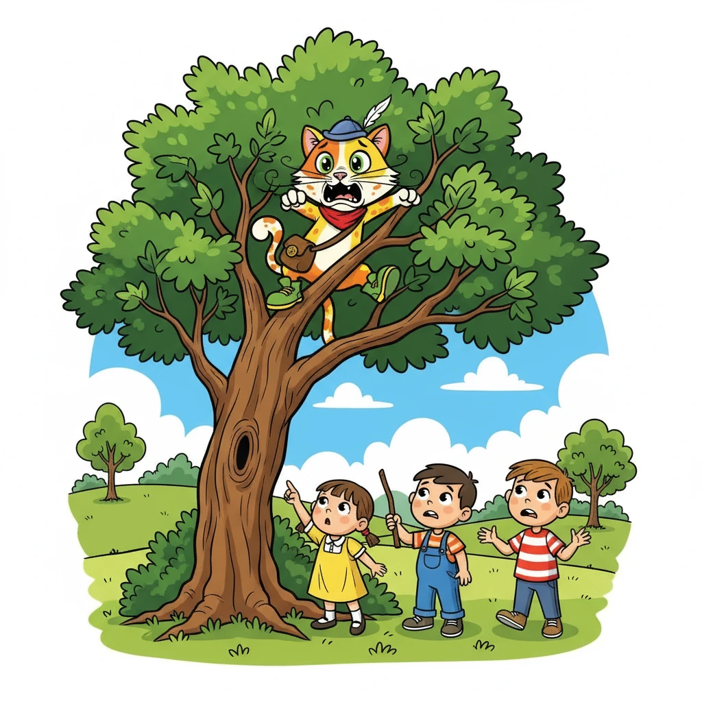 Uh oh! Whiskers is getting stuck in a tall tree. He is meowing loudly, calling for help. The children stop playing and are looking up at him with worried faces. They are discussing how to get him down.