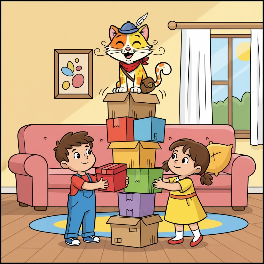 Working together, the children are building a tower of boxes to reach Whiskers. They are carefully stacking them, making sure the tower is stable. Whiskers is watching them, feeling grateful for their kindness.