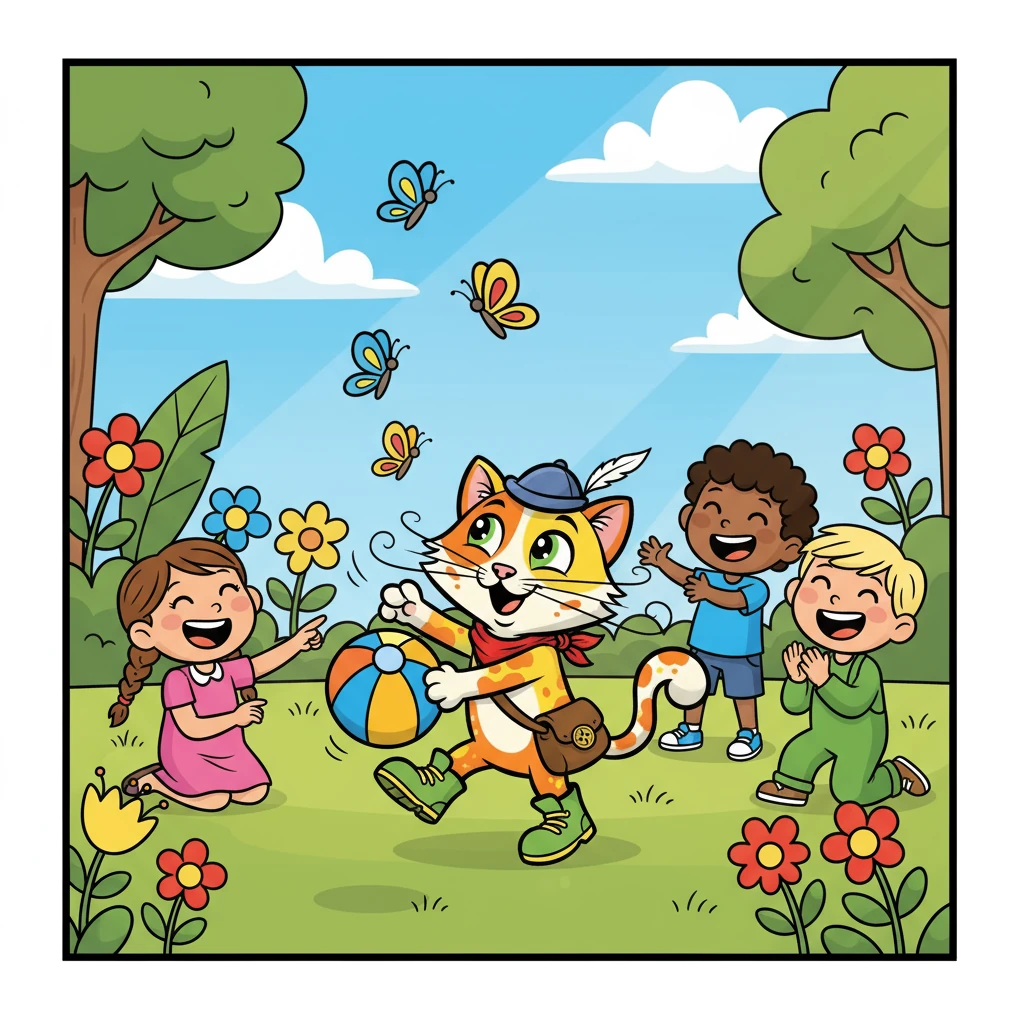 Finally, Whiskers is safely on the ground, purring with joy! He is playing with the children, batting at a ball and chasing butterflies. Everyone is laughing, and Whiskers knows he has made new friends and had a wonderful adventure.
