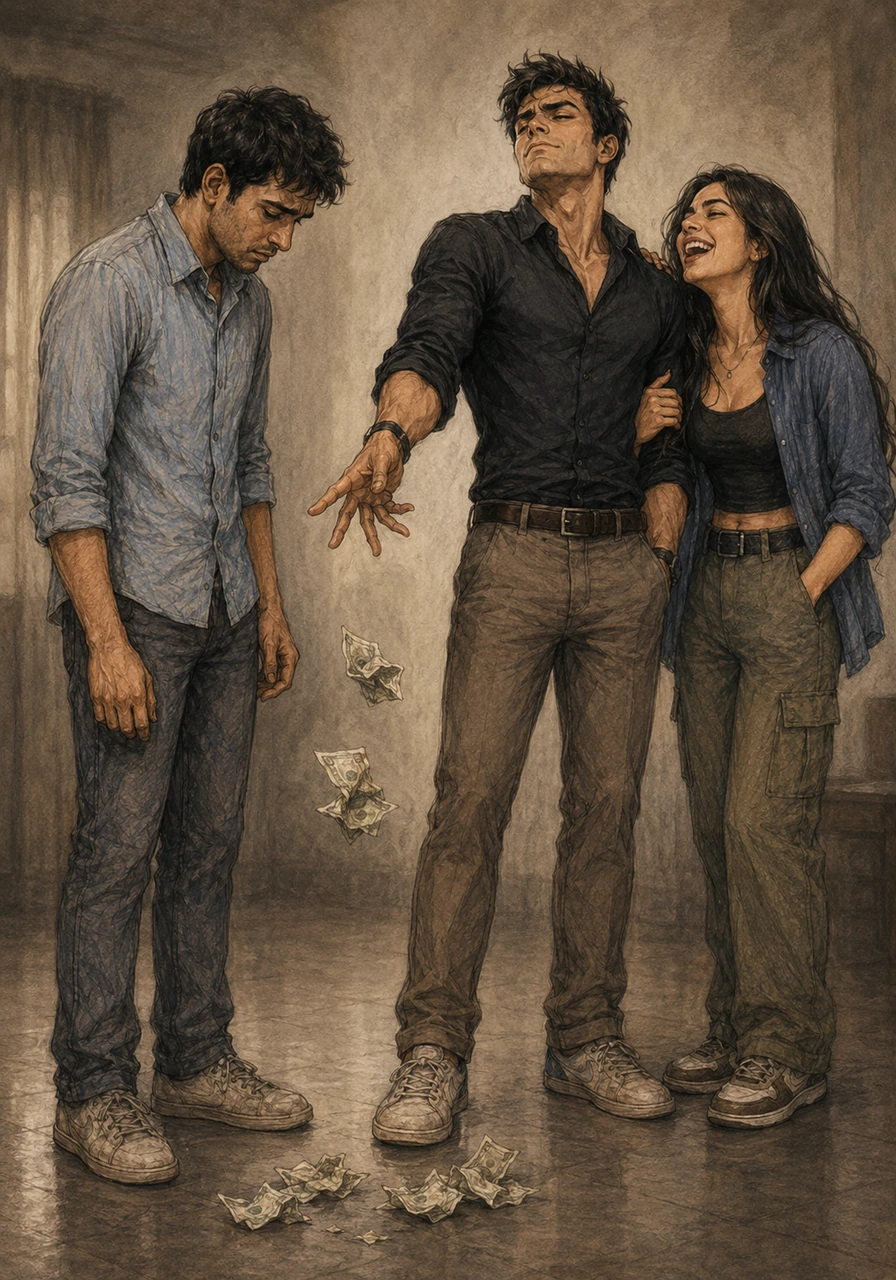 The humiliation deepens as Harsh tosses a few crumpled bills at Harshit's feet, jokingly telling him to buy himself a drink for being such a loyal and pathetic follower for three years. Kanika laughs at the gesture, leaning into Harsh and showing Harshit exactly what he has lost.