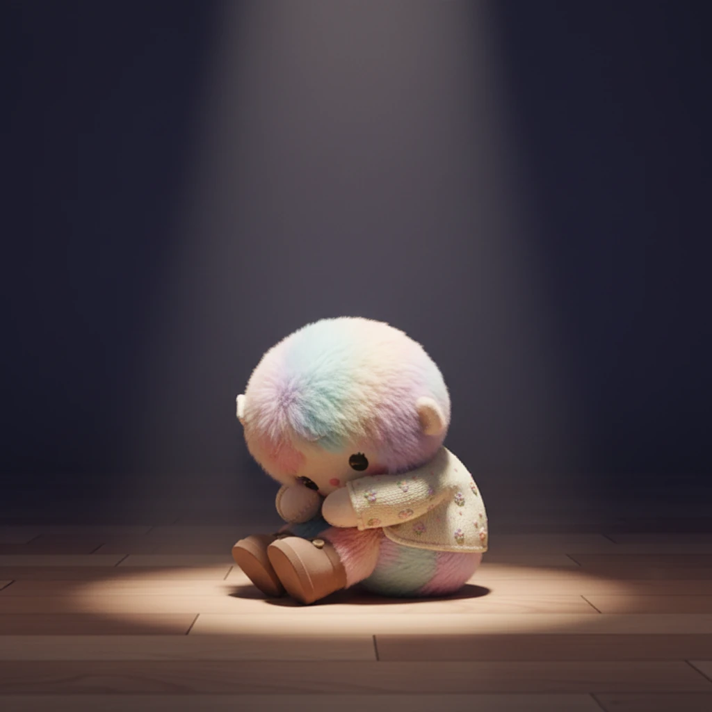 She curled into a tight, plush ball on the floor, feeling utterly alone in the vast, quiet space. A single, soft spotlight seemed to shine only on her, highlighting her profound sadness.