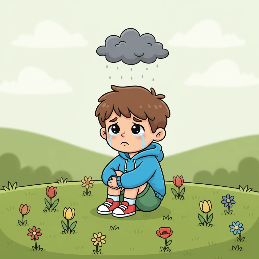 Маленький Тима сидит один на зеленой лужайке, его плечи опущены, а губы печально надуты. Над его головой витает маленькое серое облачко, отражая его грустное настроение. Яркие цветы вокруг кажутся немного тусклыми.