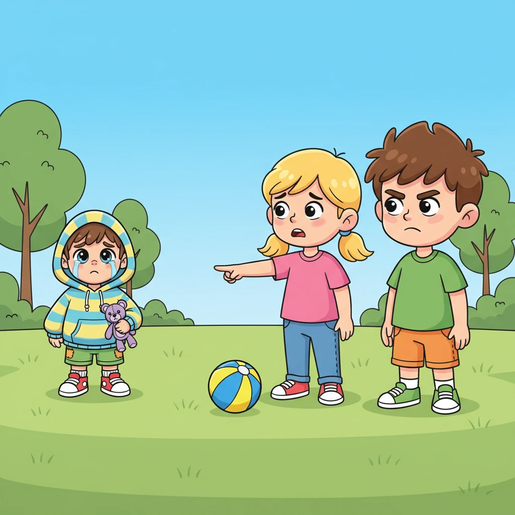 Неподалеку, играя в мяч, его друзья, весёлая Лиза и озорной Макс, замечают Тиму. Они останавливаются, их улыбки исчезают, когда они видят его печальный вид. Лиза указывает на Тиму, а Макс хмурится.