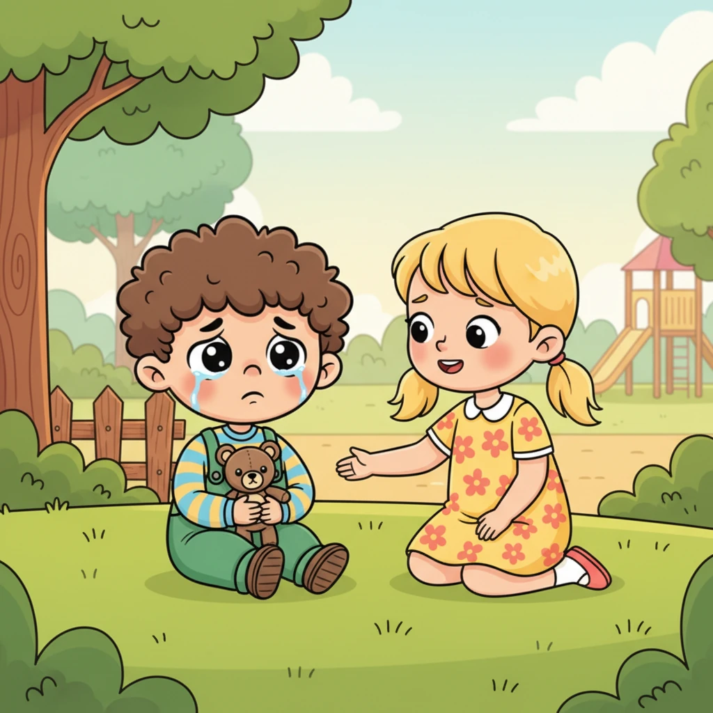 Лиза осторожно подходит к Тиме, её глаза полны сочувствия. Она приседает рядом с ним и тихо спрашивает, что случилось, её голос мягкий и заботливый. Тима лишь слегка поднимает голову, но не отвечает.