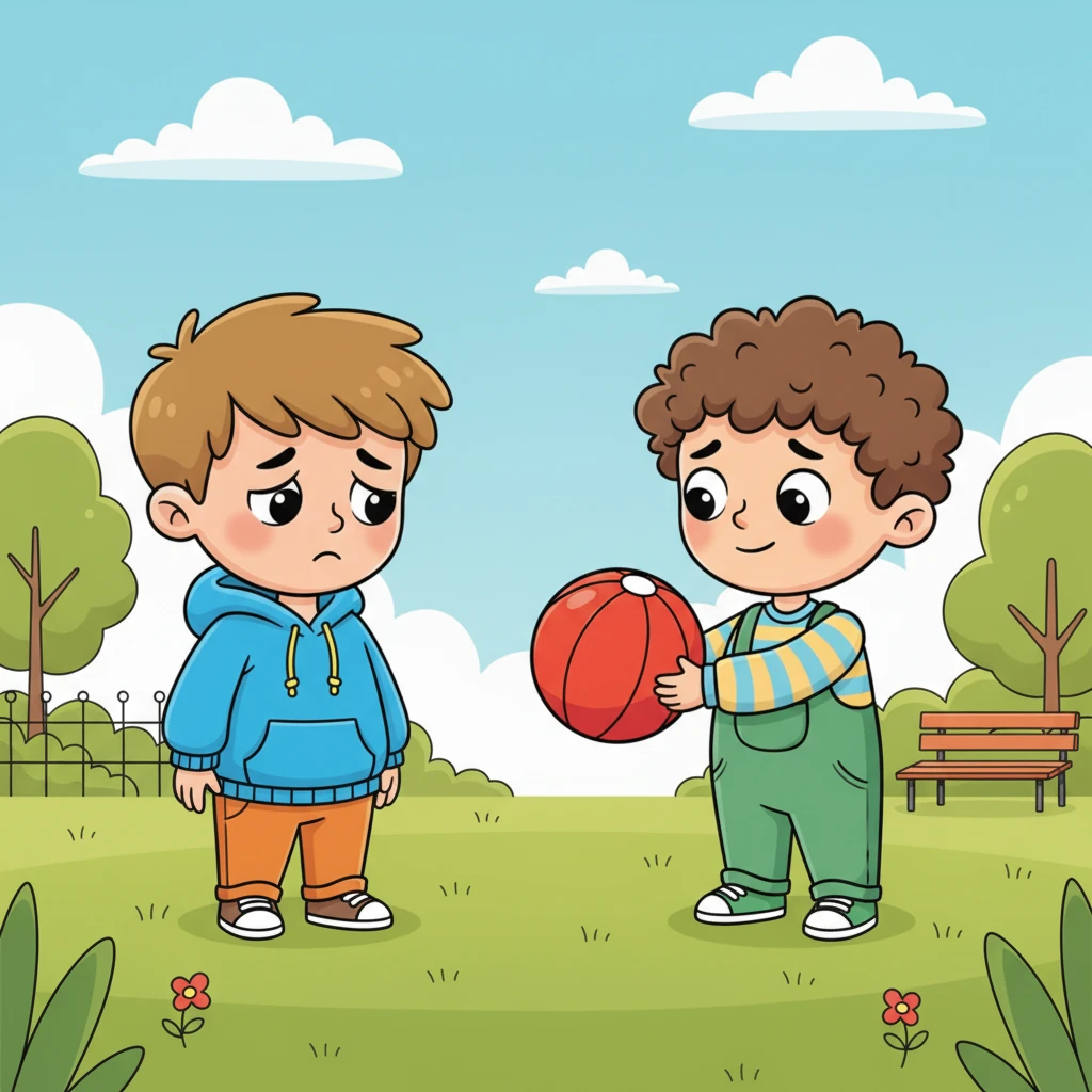 Макс тоже подходит, неся в руках свой любимый ярко-красный мяч. Он протягивает его Тиме, предлагая поиграть и надеясь, что это поможет развеселить друга. На его лице читается искренняя забота.