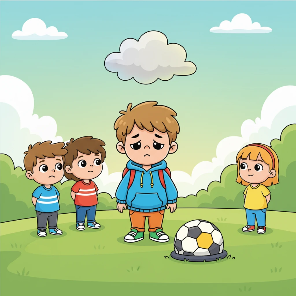 Тима все еще выглядит грустным, но в его глазах появляется крошечный огонек. Он смотрит на мяч, затем на своих друзей, которые терпеливо ждут его реакции. Серое облачко над ним чуть-чуть светлеет.