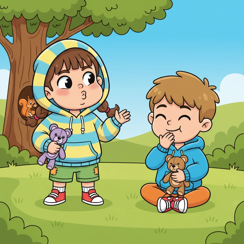 Лиза рассказывает Тиме смешную историю о белке, которая потеряла свой орешек и нашла его в самом неожиданном месте. Она делает забавные гримасы, пытаясь вызвать улыбку на его лице. Тима слегка хихикает.