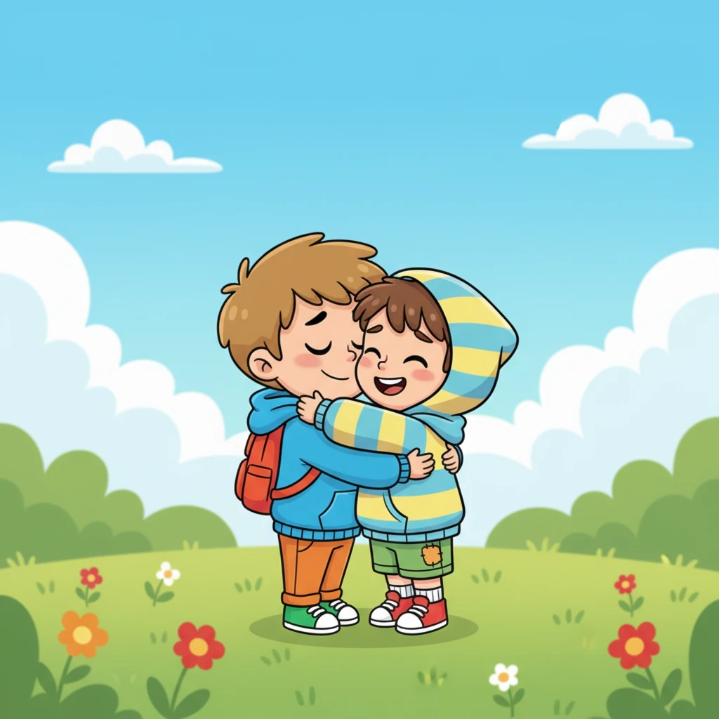 Макс обнимает Тиму крепко-крепко, даря ему тепло и поддержку. Этот большой, искренний жест заставляет Тиму почувствовать себя нужным и любимым. Облачко над ним совсем исчезает.