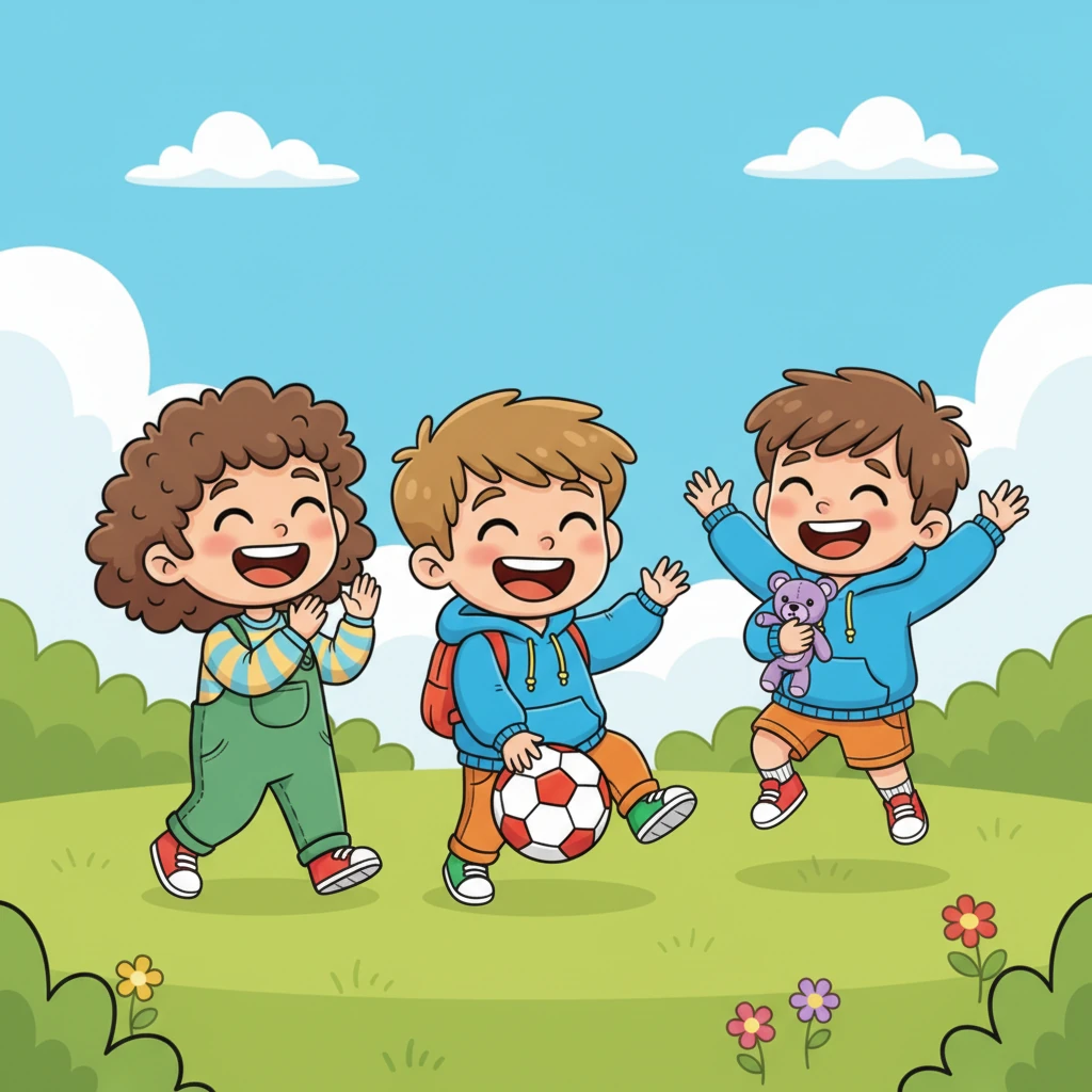 Тима заливается звонким смехом, его грусть полностью рассеялась. Он хватает мяч и радостно присоединяется к Лизе и Максу, предлагая им продолжить игру. Его сердце снова полно света.