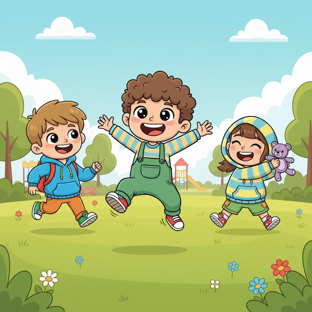 Теперь все трое друзей весело играют на солнечной лужайке, смех Тимы эхом разносится по всему парку. Он бегает и прыгает, его лицо светится от счастья, потому что добрые слова друзей вернули ему улыбку.