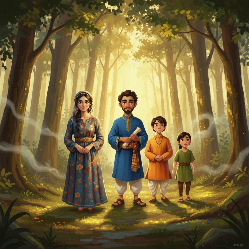 Pada suatu petang yang redup, Rania, Haziq, Kavish, dan Li Wen melangkah masuk ke Hutan Seribu Bisik. Kabus nipis berarak perlahan di celah pepohon tinggi, membalut hutan dengan aura misteri. Cahaya senja menembusi kanopi daun, menciptakan jalur keemasan di lantai hutan yang lembap. Udara dipenuhi bisikan daun dan bau tanah basah.