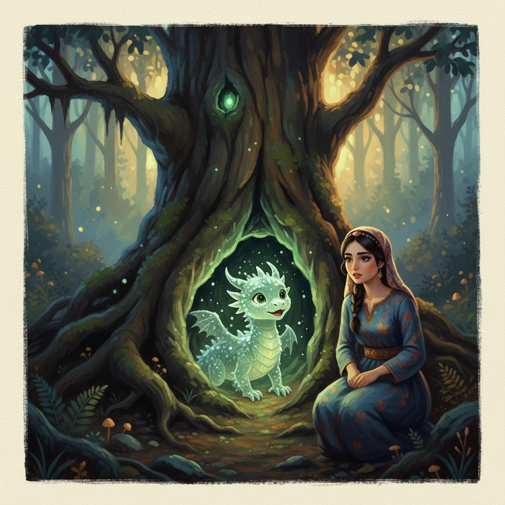 Di tengah hutan, sebatang pokok tua memancar cahaya kehijauan yang berdenyut lembut, seakan jantung yang hidup. Daripada celahan akar pokok itu, muncul seekor naga kecil bersisik jernih seperti titisan embun pagi. Naga itu, Embi, berbicara dengan suara lembut, merayu bantuan untuk hutan yang semakin lemah kerana manusia lupa menjaga alam dan bersatu.