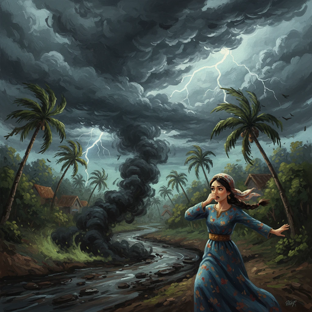 Keesokan harinya, langit Kampung Pelangi bertukar kelabu pekat, dicengkam awan gelap yang berat. Petir sabung-menyabung, membelah langit dengan kilauan yang menakutkan, manakala angin meraung liar menghempas pepohonan. Dari arah sungai yang tercemar teruk, kabus hitam pekat mula berpusar, memuntahkan bau busuk yang menusuk hidung.