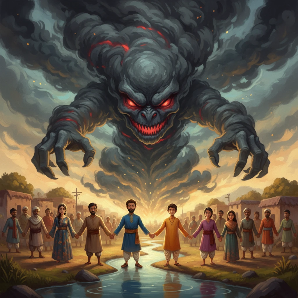 Apabila sungai mulai jernih dan bersih, Kabut Hitam melancarkan serangan terakhirnya yang paling ganas. Ia berpusar dengan marah, cuba menyelubungi seluruh kampung dalam kegelapan abadi. Namun kali ini, penduduk berdiri rapat, tangan bertaut erat tanpa mengira bangsa atau usia, membentuk benteng perpaduan yang tidak tergugat.