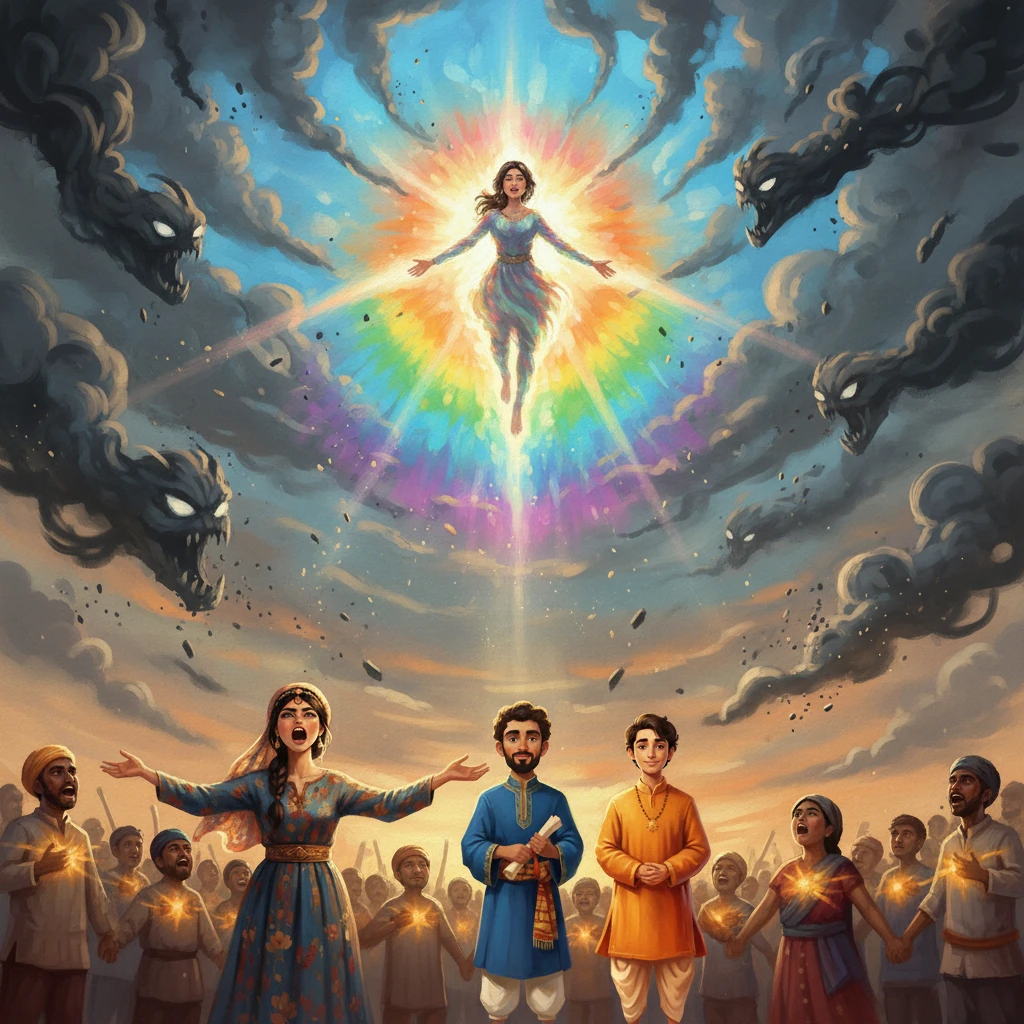 Embi terbang tinggi ke langit, menyerap cahaya perpaduan yang terpancar dari hati setiap penduduk. Cahaya embunnya berubah menjadi sinar pelangi yang menyilaukan, menembusi kegelapan. Dengan jeritan Rania "Pegang tangan! Jangan lepaskan!" dan laungan "Bersatu kita teguh!", Kabut Hitam menjerit sebelum hancur berkecai seperti debu diterbangkan angin, dan langit kembali cerah.