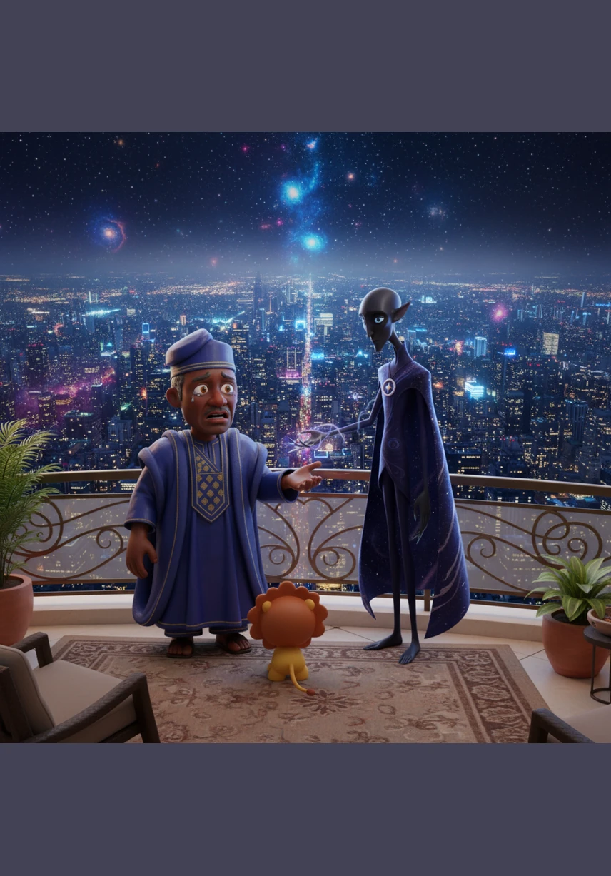 Chief Adewale stands on his high-rise balcony, looking out over the sparkling lights of Lagos. He wears a flowing silk agbada and a gold watch that costs more than a house, yet his eyes are filled with a strange sadness. Below him, the city hums with life, but a cold wind suddenly chills his bones, whispering a name he hasn't heard in twenty years.
