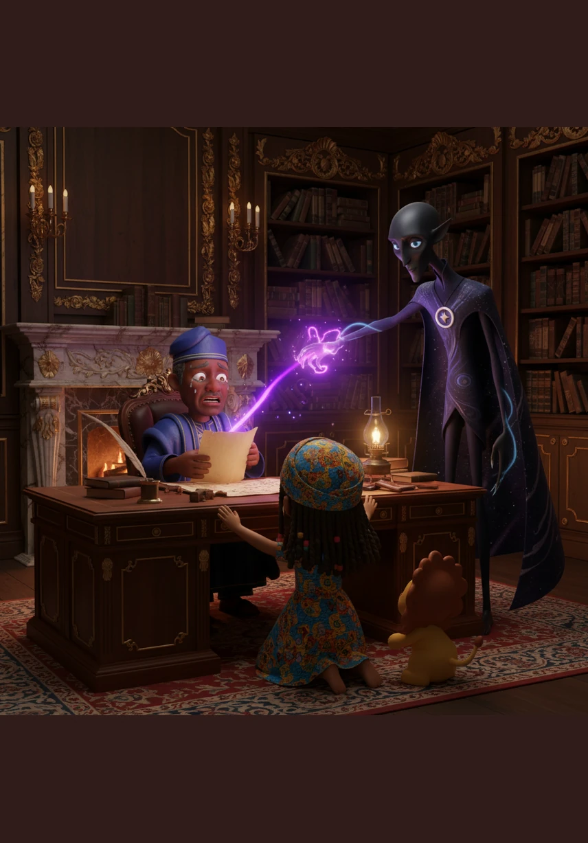 Inside his private, gold-leafed study, a tall man in a sharp black suit sits waiting in the shadows. Adewale gasps and drops his glass of expensive juice, watching it shatter on the marble floor. 'The time has come to pay your debt, Adewale,' the stranger says with a voice as dry as the desert wind.