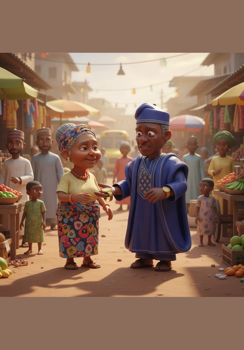 As the hot afternoon sun beats down, Adewale walks through the busy markets of Lagos, handing out his expensive rings and watches to people in need. He sees the genuine joy on a grandmother's face and feels a warmth in his heart he hasn't felt in decades. The heavy weight on his chest begins to lift with every piece of gold he gives away.