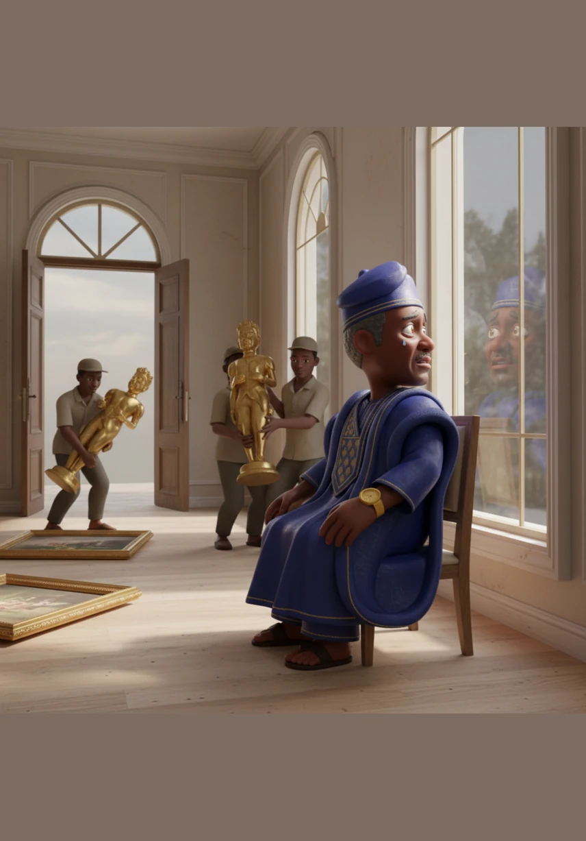 Back at his mansion, workers are carrying away the expensive paintings and the golden statues he once prized. Adewale sits on a simple wooden chair in a room that is now mostly empty, watching his empire vanish into the hands of others. He looks at his reflection in a window and sees a man who looks older, but finally looks free.