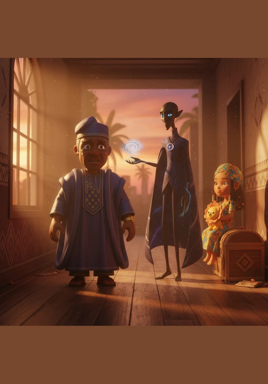 The sun begins to dip below the horizon, painting the Lagos sky in beautiful shades of deep orange and purple. The mysterious stranger appears one last time in the empty hallway, looking at the humble man sitting alone. 'You are the first person to ever choose a simple life over a mountain of gold,' the figure whispers before fading into the evening shadows.