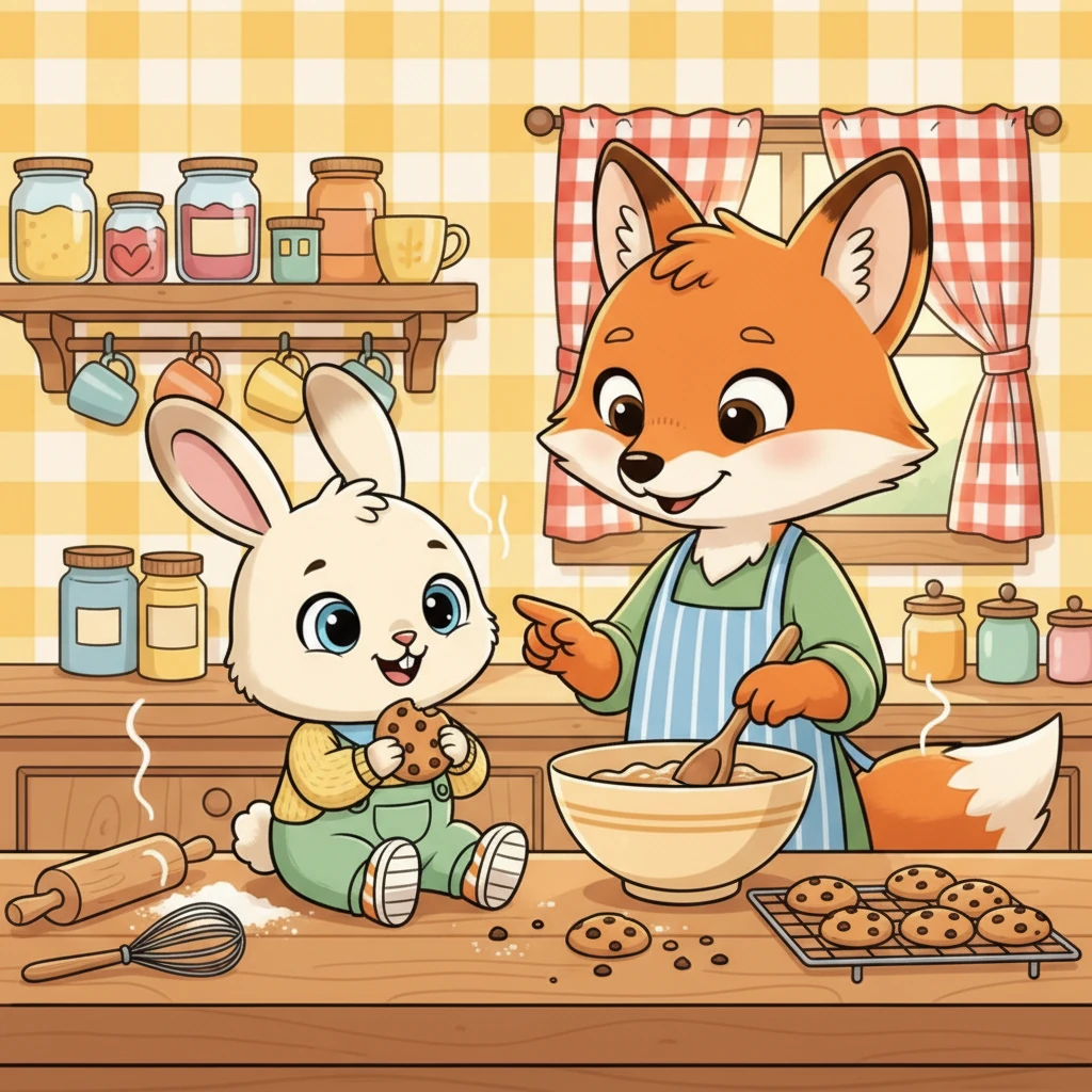 In a cozy, brightly colored kitchen, a tiny, fluffy white bunny named Pip sat happily on a sturdy wooden counter. His adoptive mommy, a kind, warm-hearted fox named Foxy, was busily humming as she prepared snacks nearby. The kitchen was filled with cheerful light and the aroma of freshly baked cookies.
