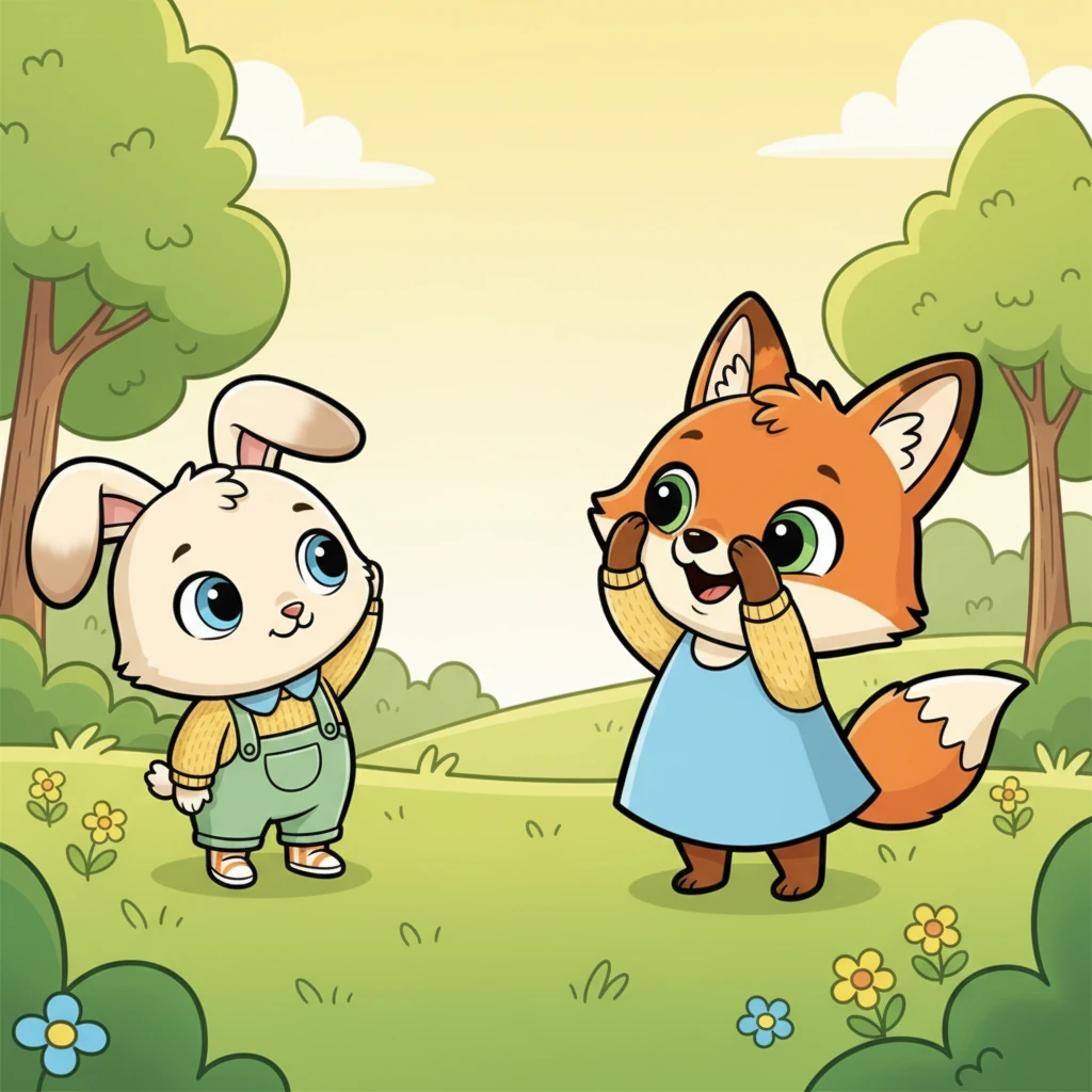 With a playful grin, Foxy slowly covered her face with her paws. Pip tilted his head, his big, innocent eyes watching her every move. He waited patiently, a tiny smile playing on his lips, anticipating a delightful surprise.