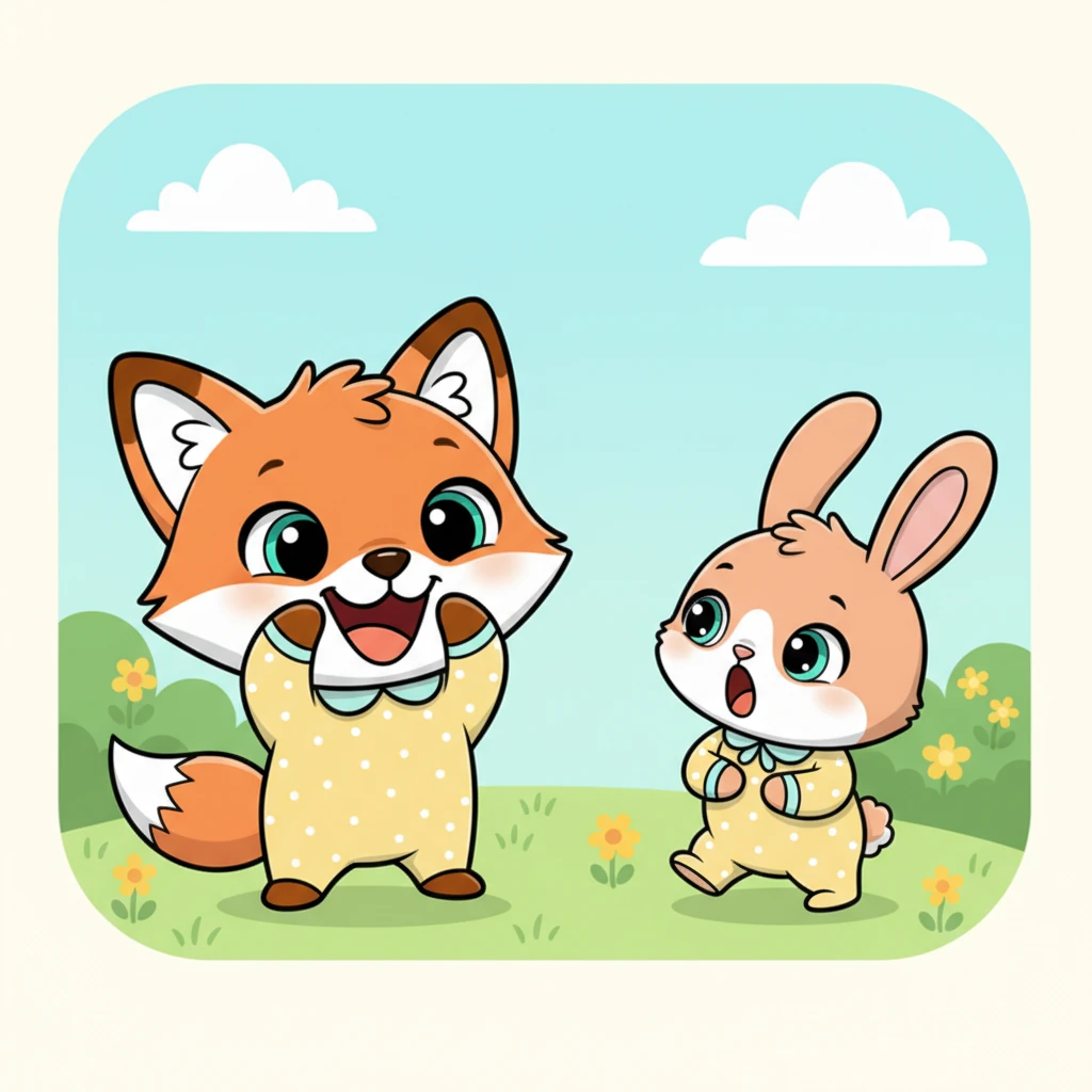 Suddenly, Foxy popped out from behind her paws, exclaiming, "Peek-a-boo!" Her wide, happy fox grin showed all her teeth in a joyful expression. Pip, however, gasped loudly, his tiny body freezing in an instant.