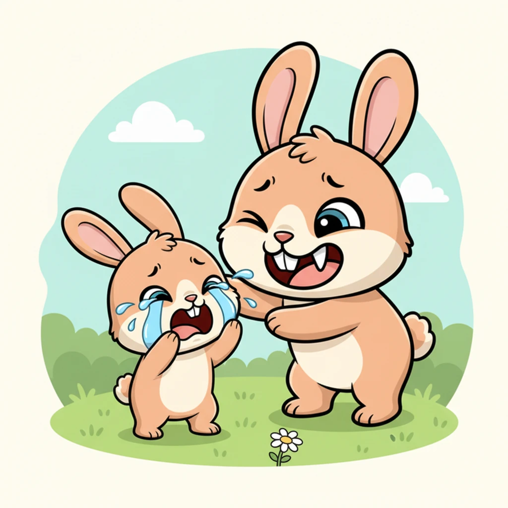 Pip's ancient bunny instincts took over, overwhelming his little heart with primal fear. Mommy's wide grin and sharp teeth, though meant playfully, looked terrifying to his tiny, panicked mind. A whimper escaped him, quickly turning into a full-blown cry, tears streaming down his face.