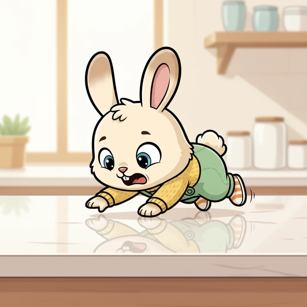 Convinced his mommy was about to pounce and eat him, Pip scrambled to escape. He started crawling as fast as his little legs could carry him across the smooth countertop. His small paws were slipping slightly as he desperately tried to get away.