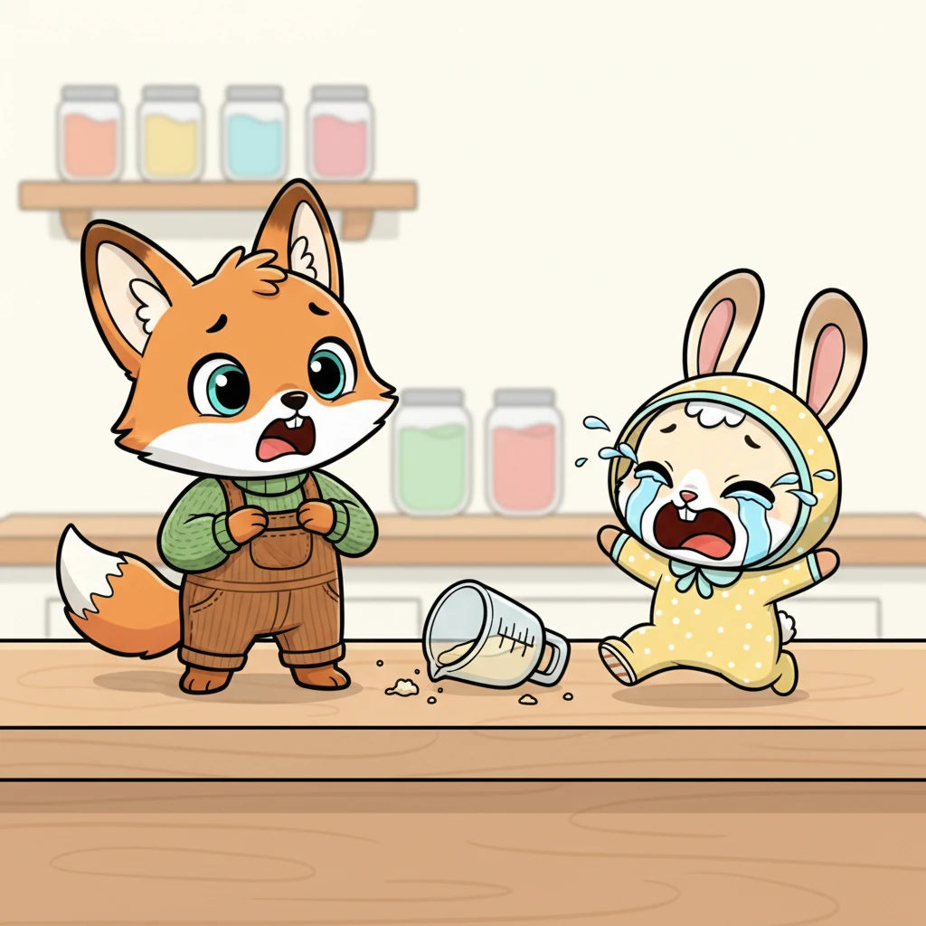 Foxy's playful smile instantly vanished, replaced by a look of confusion and then alarm. She saw Pip, crying hysterically, making a beeline straight for the edge of the high counter. Her heart pounded with worry, realizing he might fall.