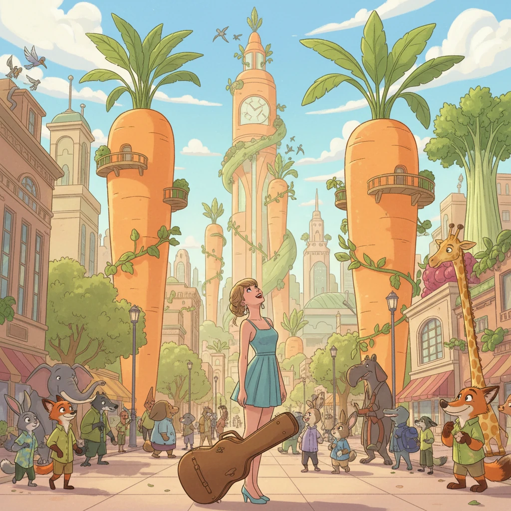 Taylor Swift arrives in Zootopia, her guitar case in hand, looking around at the bustling animal city with wide-eyed wonder. Bright skyscrapers shaped like carrots and leaves fill the skyline.