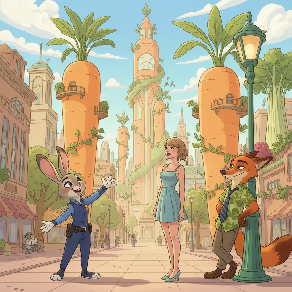 Officer Judy Hopps, a cheerful bunny in her police uniform, greets Taylor with an enthusiastic wave, her ears twitching with excitement. Nick Wilde, a sly fox, leans casually against a lamppost, a smirk on his face.