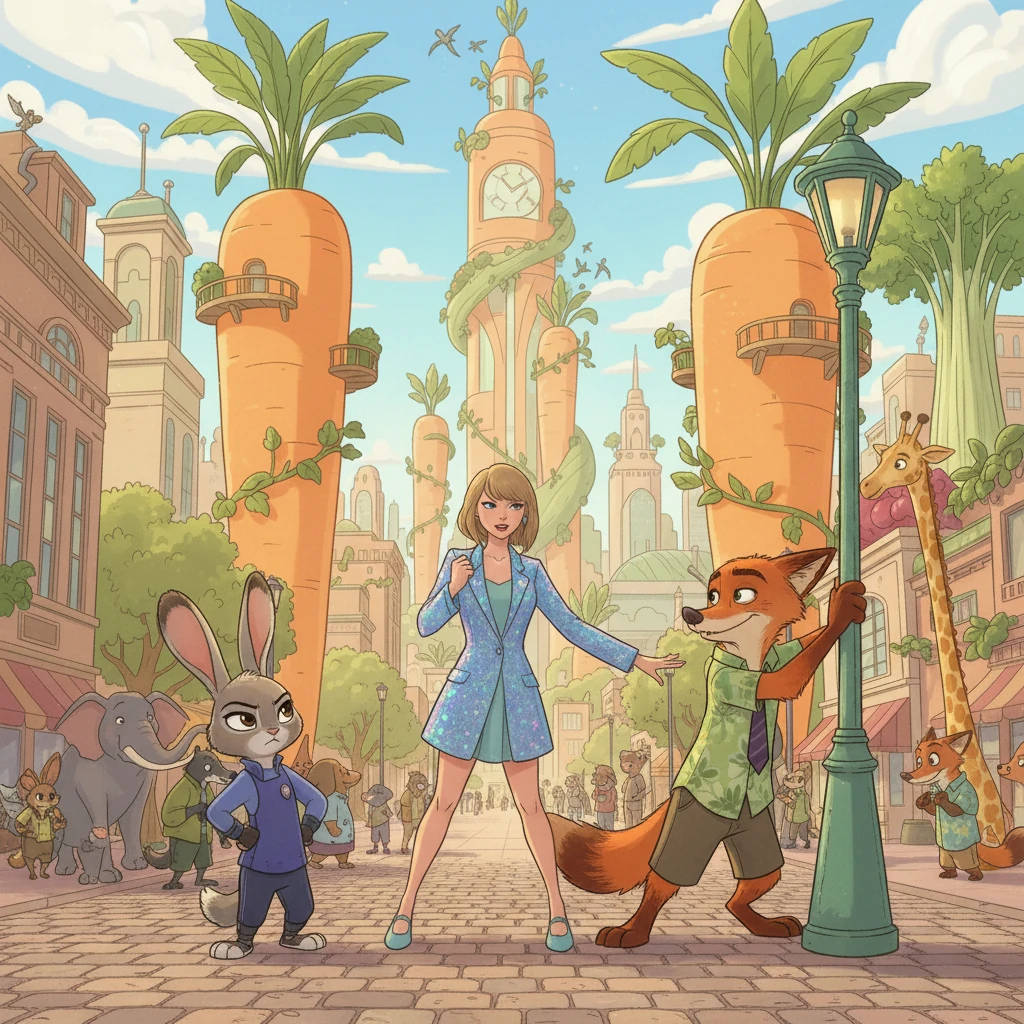 Judy's eyes narrow with determination, and Nick pushes off the lamppost, a glint of mischief and curiosity in his eyes. Taylor, intrigued, offers to help solve the case, adjusting her sparkly jacket.