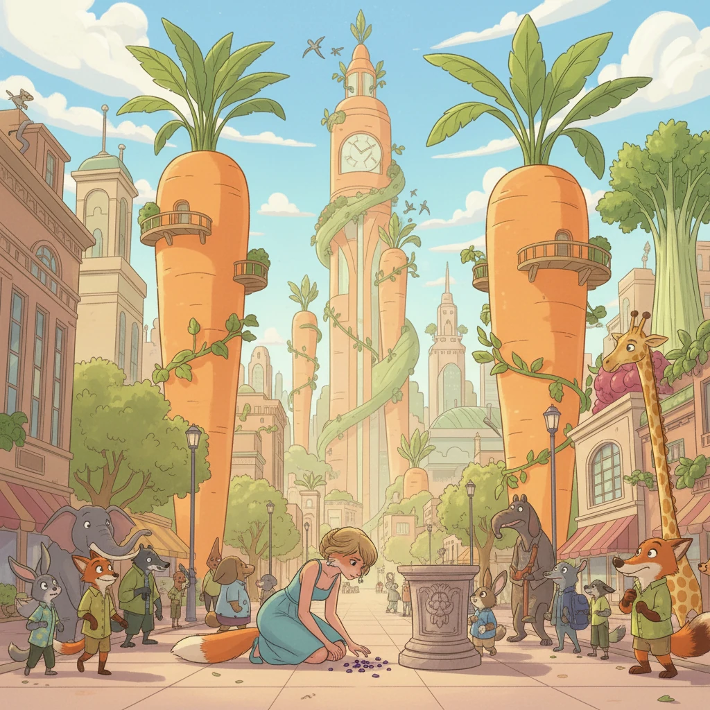 Their first stop is the crime scene: the empty pedestal where the tart once sat, surrounded by bewildered animals. A few purple sprinkles are scattered on the floor.