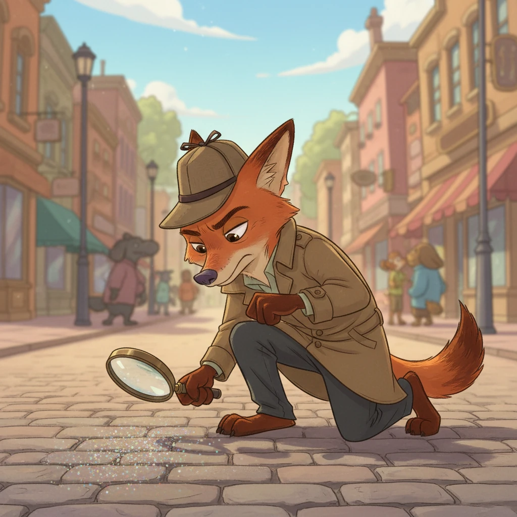 Nick, ever resourceful, pulls out a small magnifying glass and examines the shimmering trail. He deduces it's a unique type of glitter, often used in fancy party supplies.