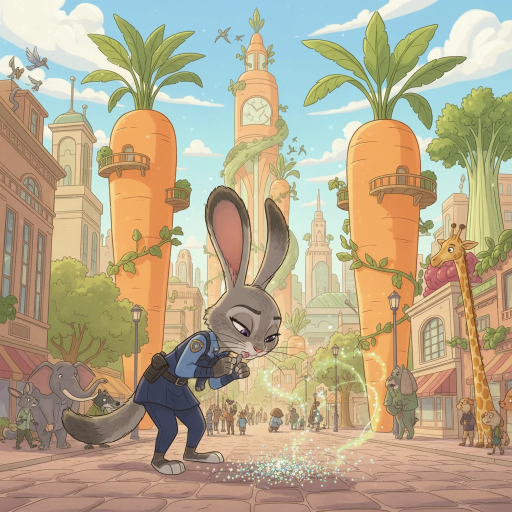 Judy, using her super-sensitive nose, sniffs the air around the glitter. She picks up a faint scent of coconut and pineapple, unusual for Zootopia.