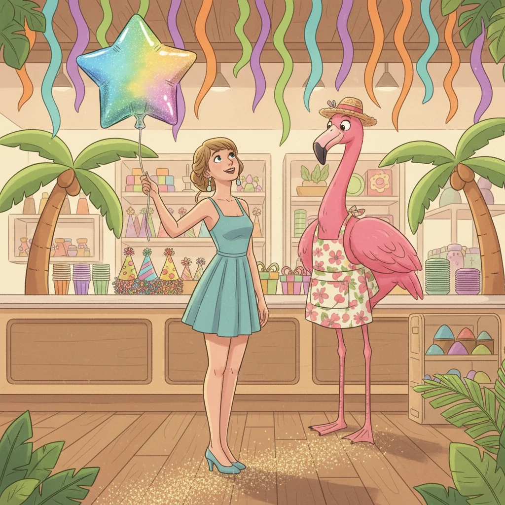 Following the glitter trail, the trio arrives at a vibrant, tropical-themed party supply store, filled with balloons, streamers, and exotic decorations. A flamboyant flamingo is the proprietor.