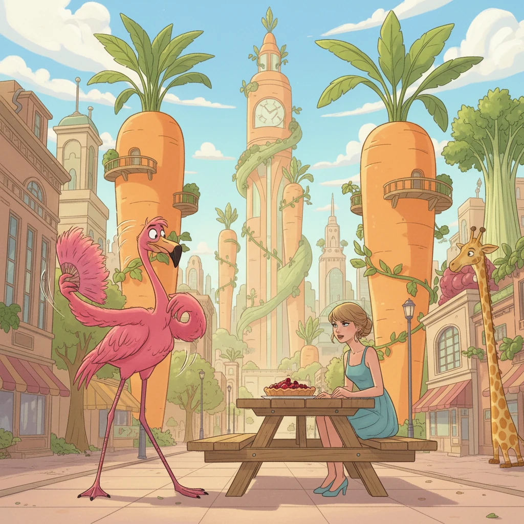 The flamingo, a dramatic character named Fernando, denies any knowledge of the tart but looks suspiciously nervous, fanning himself rapidly with a feathered fan.