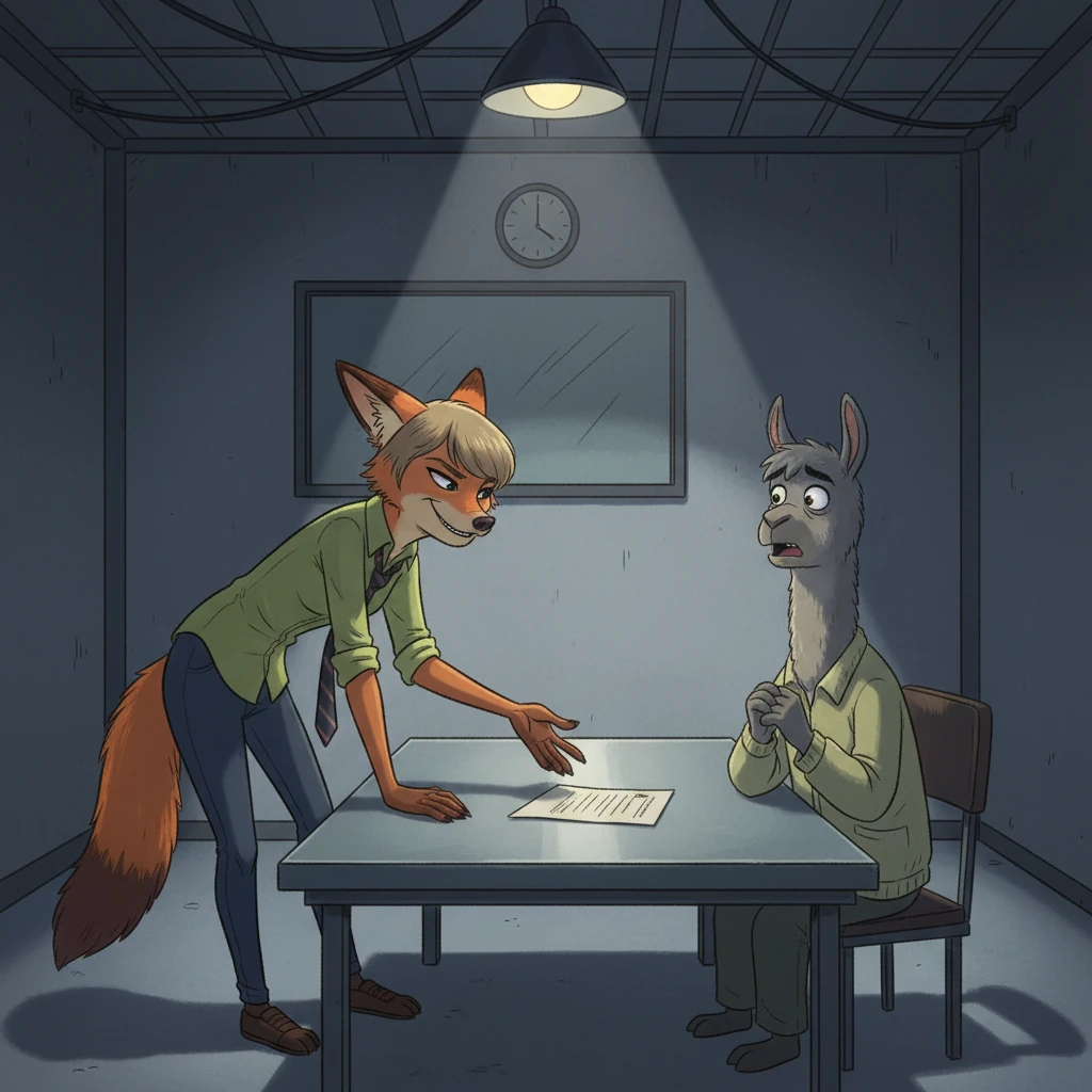 Nick, with a playful grin, offers Fernando a 'deal' – confess and get a lighter sentence, or face the full wrath of Zootopia's legal system. Fernando gulps.