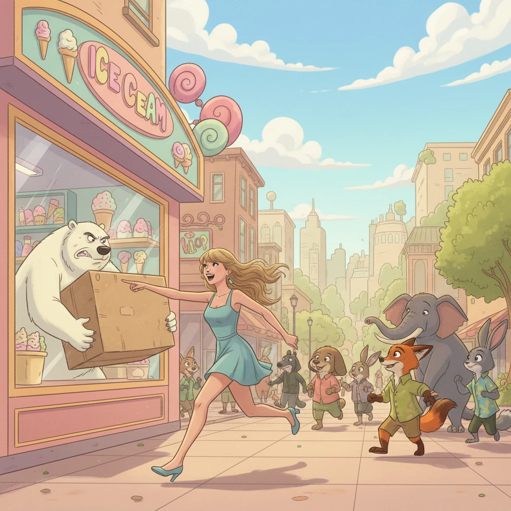 They race to the location, a bustling ice cream parlor, where they spot a large, grumpy polar bear trying to discreetly carry a very large, covered box.