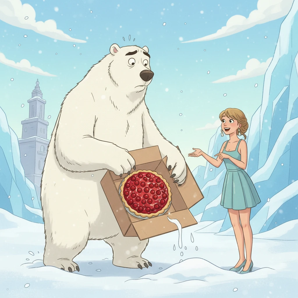 The polar bear, startled, drops the box, revealing the Grand Berry Tart, perfectly intact! He grumbles about 'getting paid for a simple delivery.'