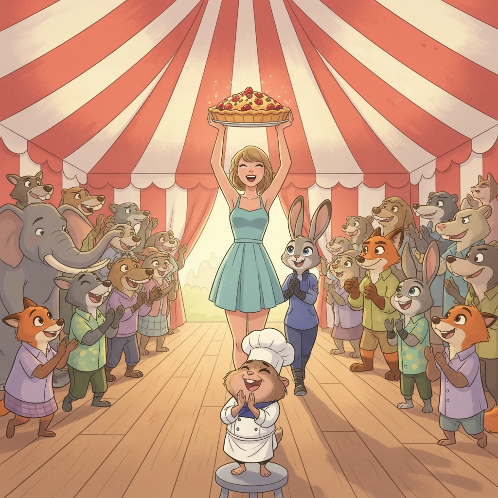With the tart recovered and the polar bear apprehended, the trio returns to the Zootopia Annual Bake-Off, greeted by cheers and applause. The shrew chef beams with relief.