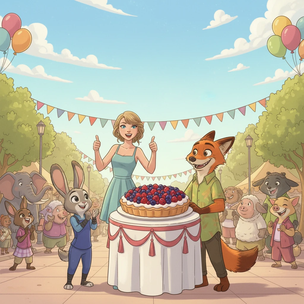 Taylor, Judy, and Nick stand proudly together, the Grand Berry Tart safely back on its pedestal. Taylor gives a thumbs-up, happy to have helped her new Zootopian friends solve the case.