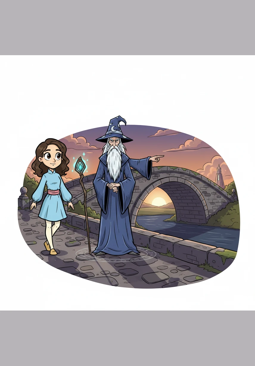 Suddenly, she stopped in her tracks when she saw a tall, mysterious figure standing near the old stone bridge. It was an old man wearing a long, ragged coat that fluttered in the evening breeze like the wings of a giant bird.