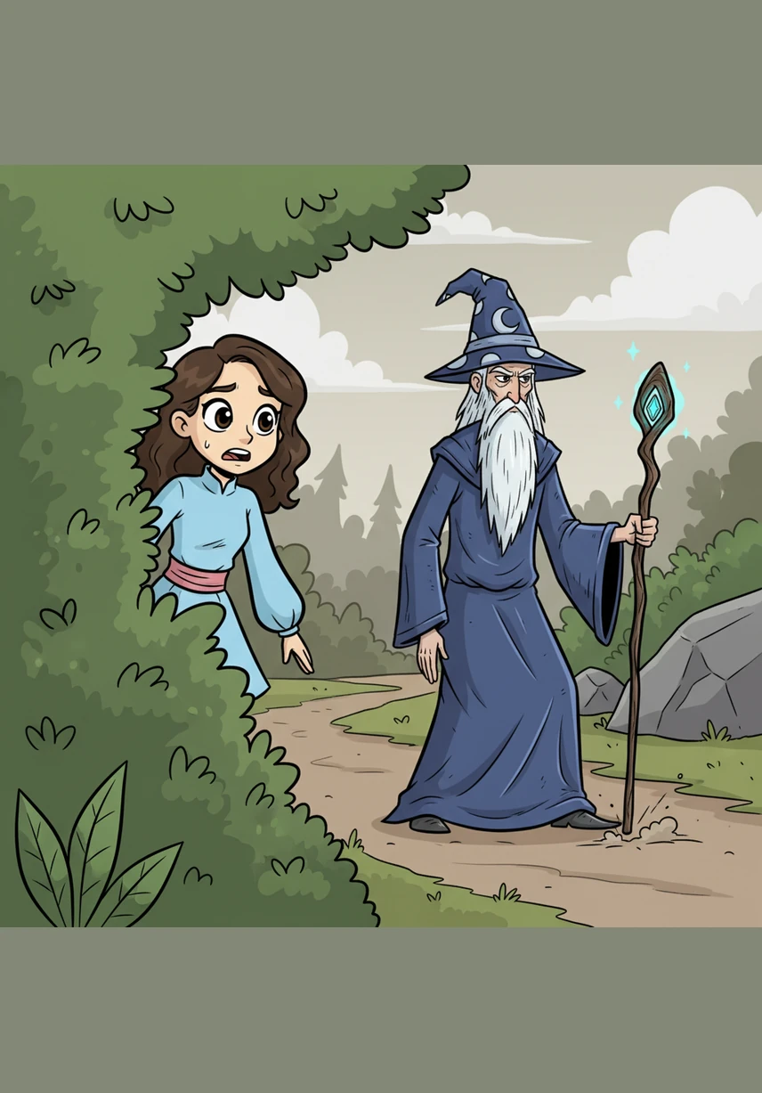 Her heart began to race with fear as she quickly hid behind a thick bush, peering through the leaves. The man looked weathered and stern, clutching a heavy wooden staff that he struck against the ground with every step.