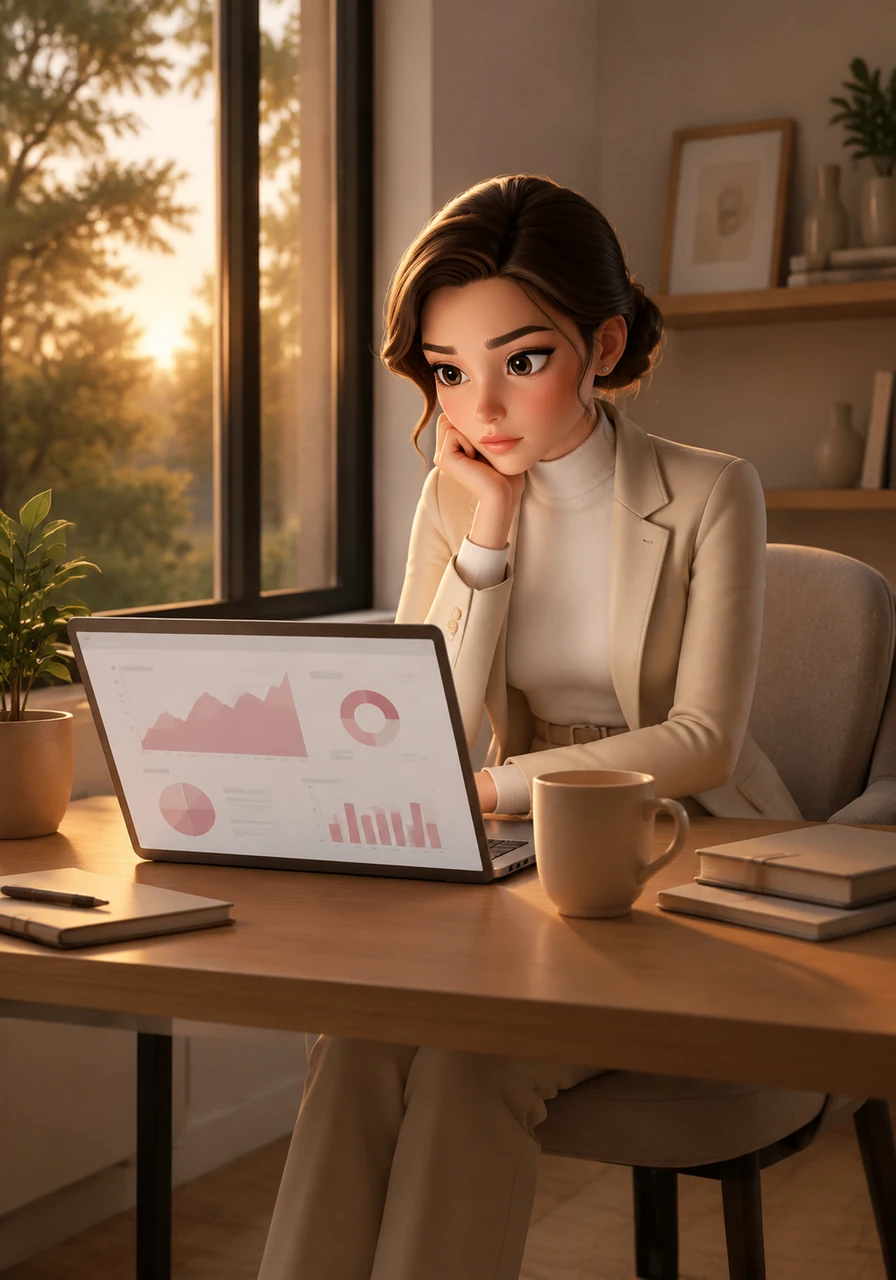 Elara sits at her minimalist wooden desk, her face illuminated by the soft glow of her laptop screen as she stares at a dashboard filled with views but no revenue. Outside her window, the golden hour light filters through the trees, mirroring the untapped potential of her beautiful digital creations.