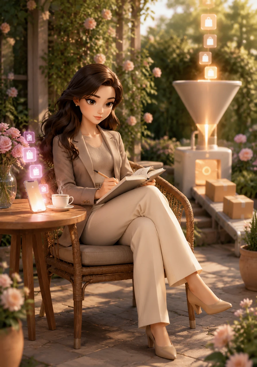 Finally achieving the freedom she dreamed of, Elara relaxes in her garden with a sketchbook while her automated funnel handles the sales. Her phone glows with notifications of new orders, proving that her beautiful aesthetic and smart strategy are working even while she rests.