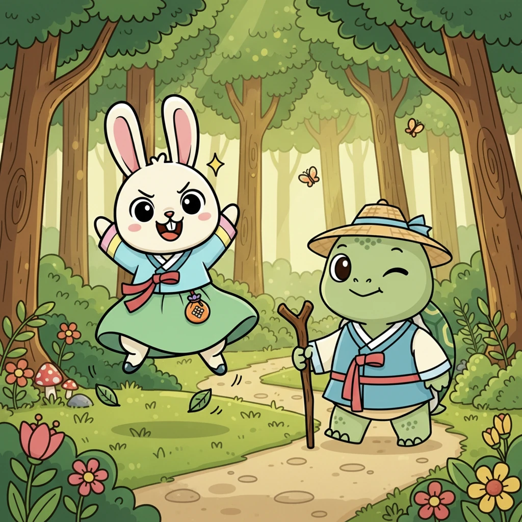 울창한 숲속에 자랑스러운 토끼 깡총이와 조용하고 느긋한 거북이 느릿이가 살았어요. 깡총이는 자신의 빠른 발을 뽐내며 숲속 친구들에게 늘 자랑했답니다. 느릿이는 그저 미소를 지으며 묵묵히 자기 갈 길을 갔어요.